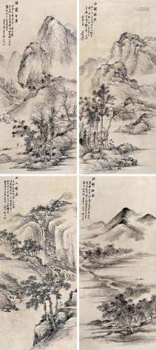 顾沄（1835～1896） 戊寅（1878）年作 山水 （四件） 四屏 镜片 水墨纸本