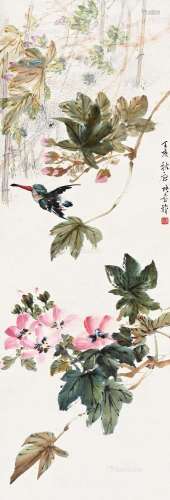 张书旂（1900～1957） 丁亥（1947）年作 芙蓉翠鸟 立轴 设色纸本