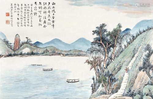 叶曦（1852～？） 甲子（1924）年作 西湖揽胜 立轴 设色纸本