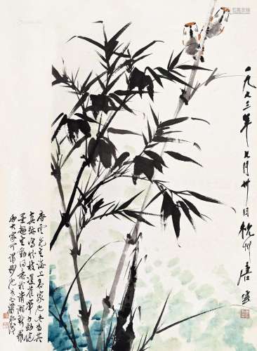 唐云（1910～1993） 1973年作 竹枝双雀 立轴 设色纸本