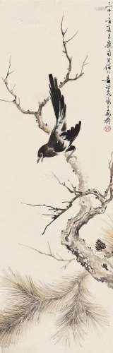 黄幻吾（1960～1985） 1943年作 松枝鹊鸣 立轴 设色纸本