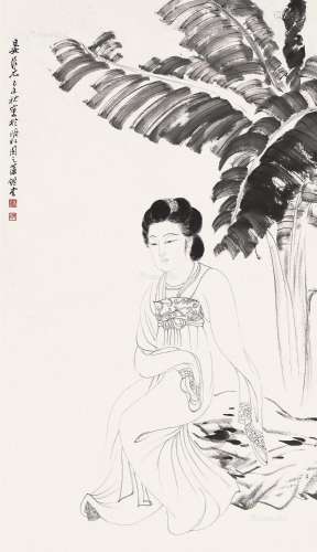 晏济元（1901～2011） 己未（1979）年作 仕女倚石 镜片 水墨纸本