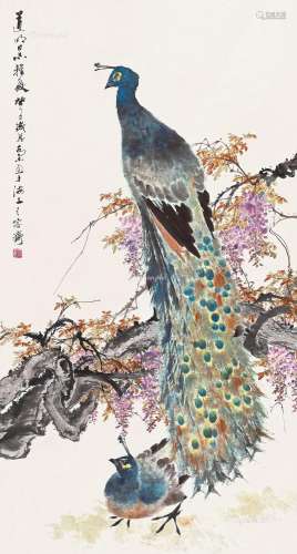 乔木（1920～2002） 癸丑（1973）年作 紫藤孔雀 立轴 设色纸本