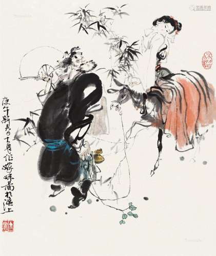 施大畏（b～1950） 庚午（1990）年作 嫁妹图 立轴 设色纸本