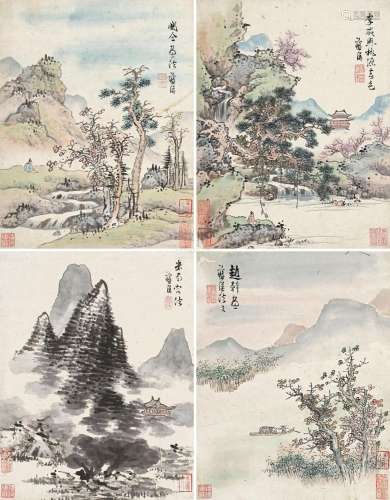 蓝瑛（1585～1664） 仿古山水 （四幅） 册页 设色纸本
