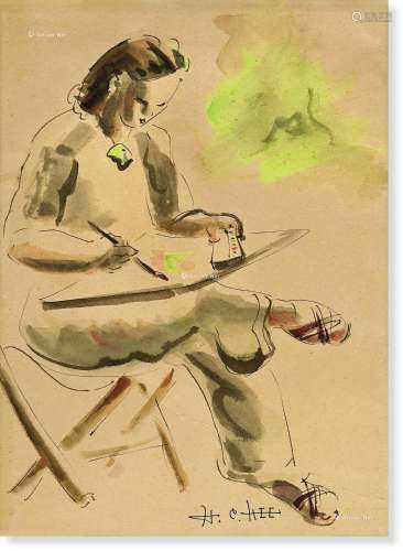 许汉超（1905～1993） 1930年代作 画画的女子 纸本水彩