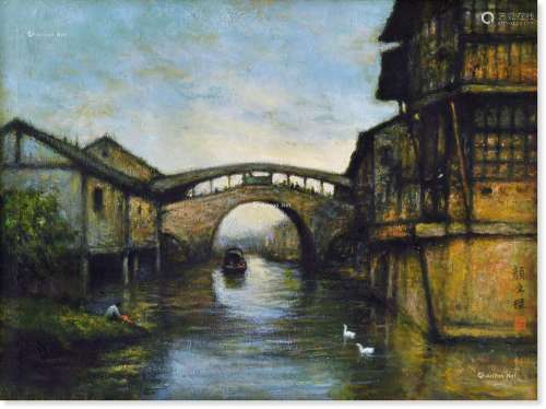 颜文樑（1893～1988） 上海七宝老镇 布面油画