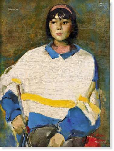 张世范（1936～2012） 1990年作 戴红发卡的少女 布面油画