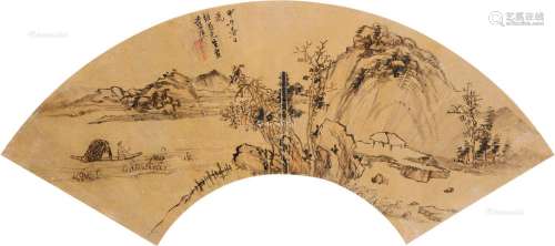 蓝瑛（1585～1664） 甲午（1654）年作 秋山泛舟 扇框 设色金笺