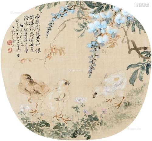 刘德六（1806～1875） 丙寅（1866）年作 紫藤雏鸡 团扇片 设色绢本