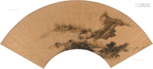 樊圻（1616～1694） 戊申（1668）年作 渔家小景 扇片 水墨金笺