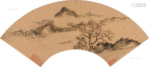 王思任（1575～1646） 渔波晚艇 扇片 设色金笺
