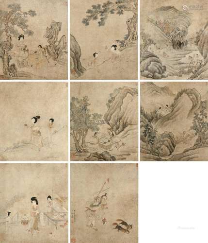 丁云鹏（1547～1628）（款） 人物故事册 册页 （八开） 设色纸本