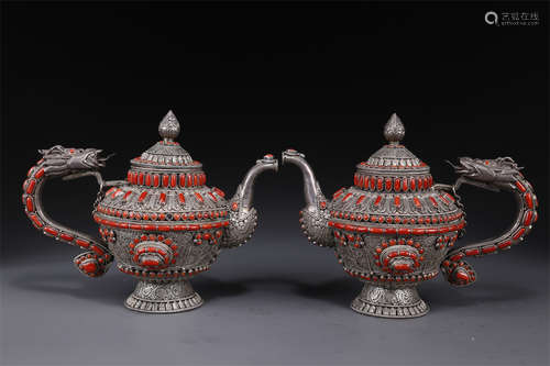 A Set of Silver Pots with Coral Inlay.