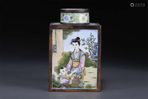 An Enameled Copper Tea Caddy.