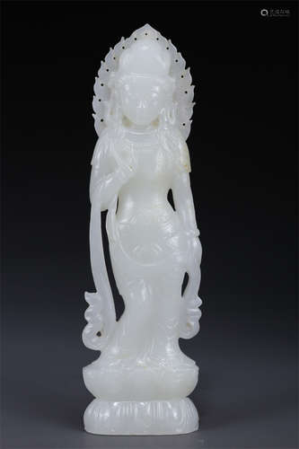 A Hetian Jade Standing Avalokitesvara Statue.