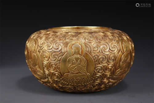 A Gilt Copper Alms Bowl with Buddha Design.