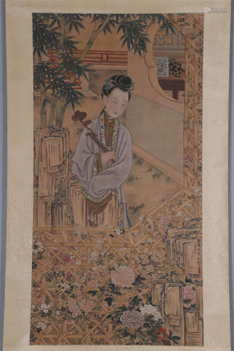 A Figure Painting on Silk by Lang Shining.