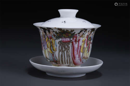 A Rose Porcelain Teacup with Figure Motif.