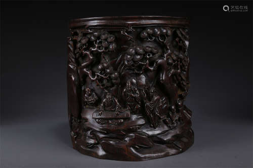 A Narra Wood Brush Pot with Pine Design.