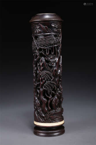 An Agarwood Boating Sculpture with Pedestal.