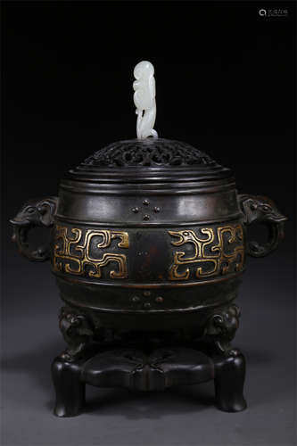 A Tripod Copper Censer with Pedestal.