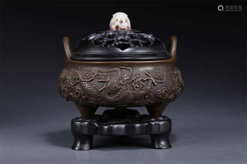 A Tripod Copper Censer with Pedestal.