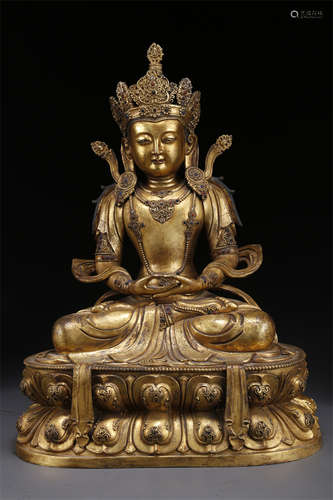 A Gilt Copper Amitayus Buddha Statue.