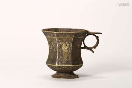 GOLD INLAID BRONZE CUP WITH HANDLE