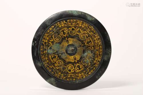 GOLD INLAID BRONZE CIRCULAR MIRROR