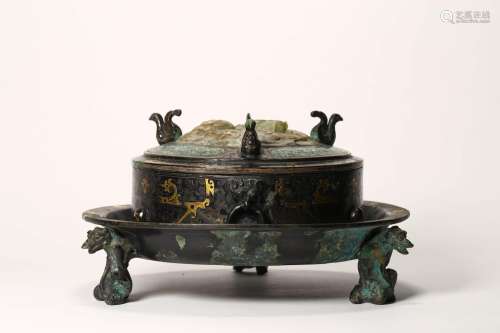 GOLD INLAID BRONZE TRIPOD VESSEL