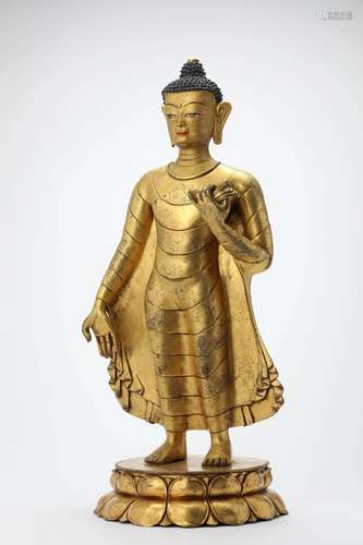 GILT BRONZE FIGURE OF STANDING SHAKYAMUNI