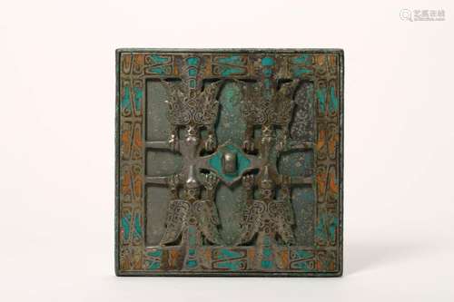 GOLD AND TURQUOISE INLAID BRONZE SQUARE MIRROR