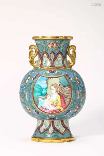 CLOISONNE ENAMEL EUROPEAN SUBJECT LOBED VASE