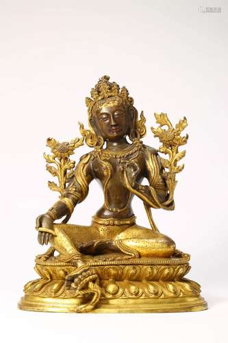 GILT BRONZE FIGURE OF GREEN TARA