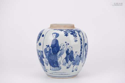 BLUE AND WHITE FIGURE AND BOYS JAR