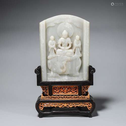 CARVED WHITE JADE BUDDHA TABLE SCREEN