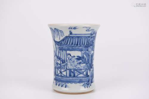 BLUE AND WHITE FIGURE BRUSH POT