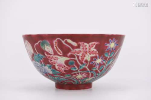 ROUGE-RED GLAZE FALANGCAI GLAZE FLOWER BOWL