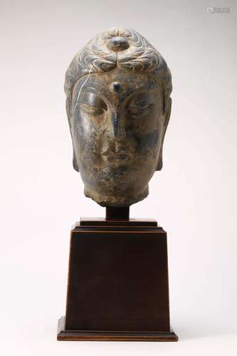 CARVED GREY STONE HEAD OF BUDDHA