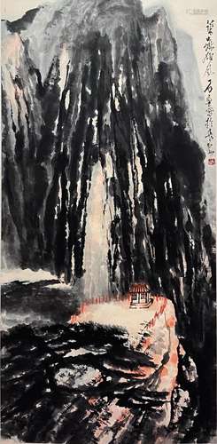 CHINESE LANDSCAPE PAINTING PAPER SCROLL, SHI LU MARK