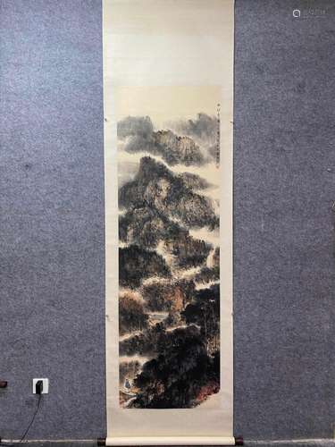 CHINESE LANDSCAPE PAINTING PAPER SCROLL, FU BAOSHI MARK