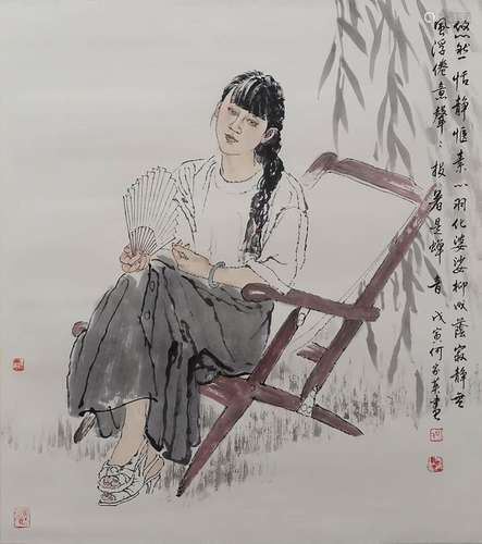 CHINESE FIGURE PAINTING PAPER SCROLL, HE JIAYING MARK