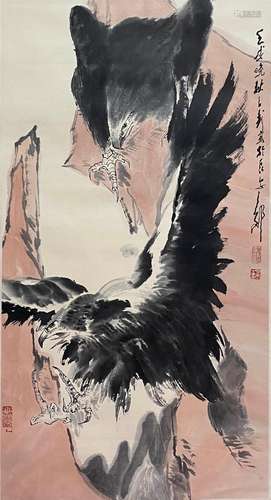 CHINESE EAGLE PAINTING PAPER SCROLL, WANG ZIWU MARK