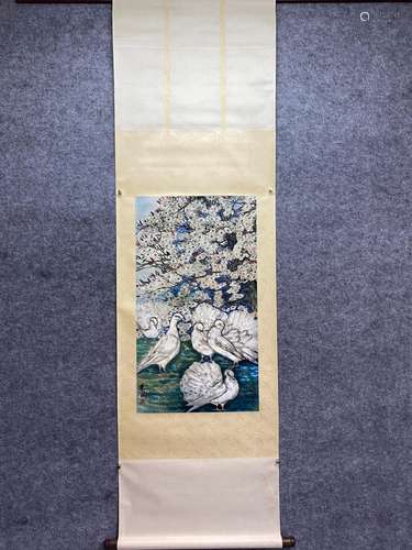 CHINESE FLOWER AND BIRD PAINTING PAPER SCROLL