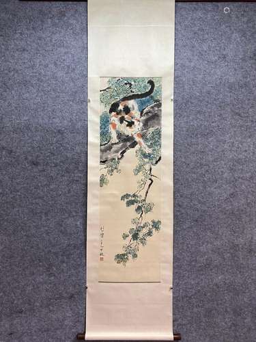 CHINESE CAT PAINTING PAPER SCROLL, XU BEIHONG MARK