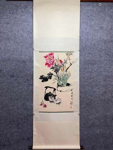 CHINESE FLOWER AND BIRD PAINTING PAPER SCROLL