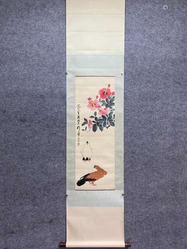 CHINESE FLOWER AND BIRD PAINTING PAPER SCROLL