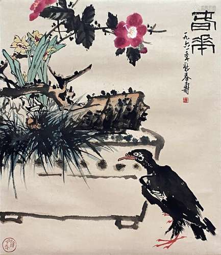 CHINESE FLOWER AND BIRD PAINTING PAPER SCROLL