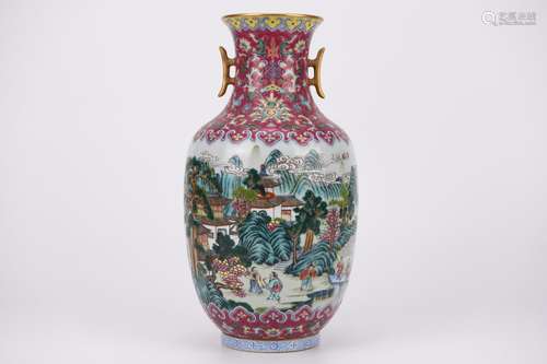 FAMILLE ROSE LANDSCAPE AND FIGURE VASE